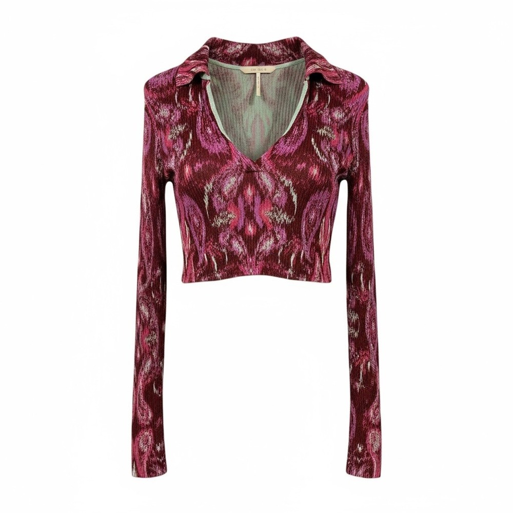 Free People Cherie Printed Top Women's Small Wine Velvet Boho Deep V Long Sleeve - Picture 3 of 7